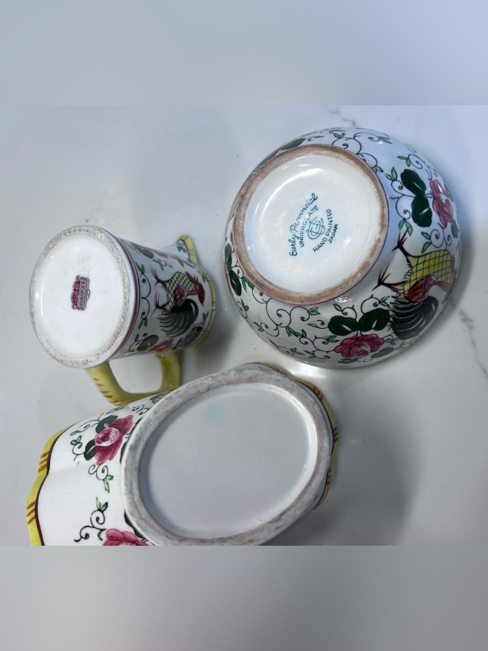 Vintage PY Early Provincial Rooster And Roses Ucago Pitcher Basket & Bowl - Picture 8 of 8